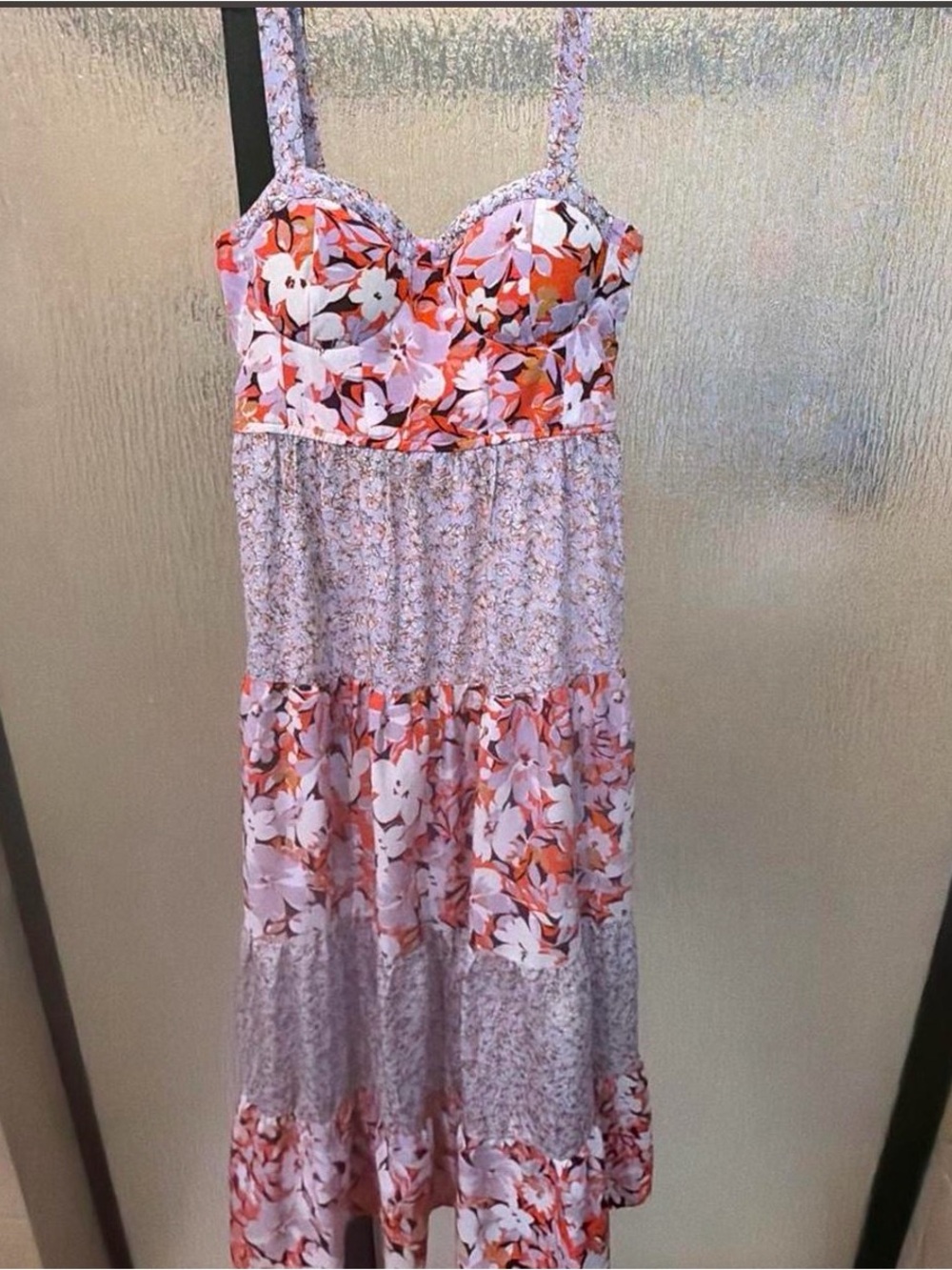 Floral Tiered Maxi Dress with Sweetheart Bust — Orange & Pink